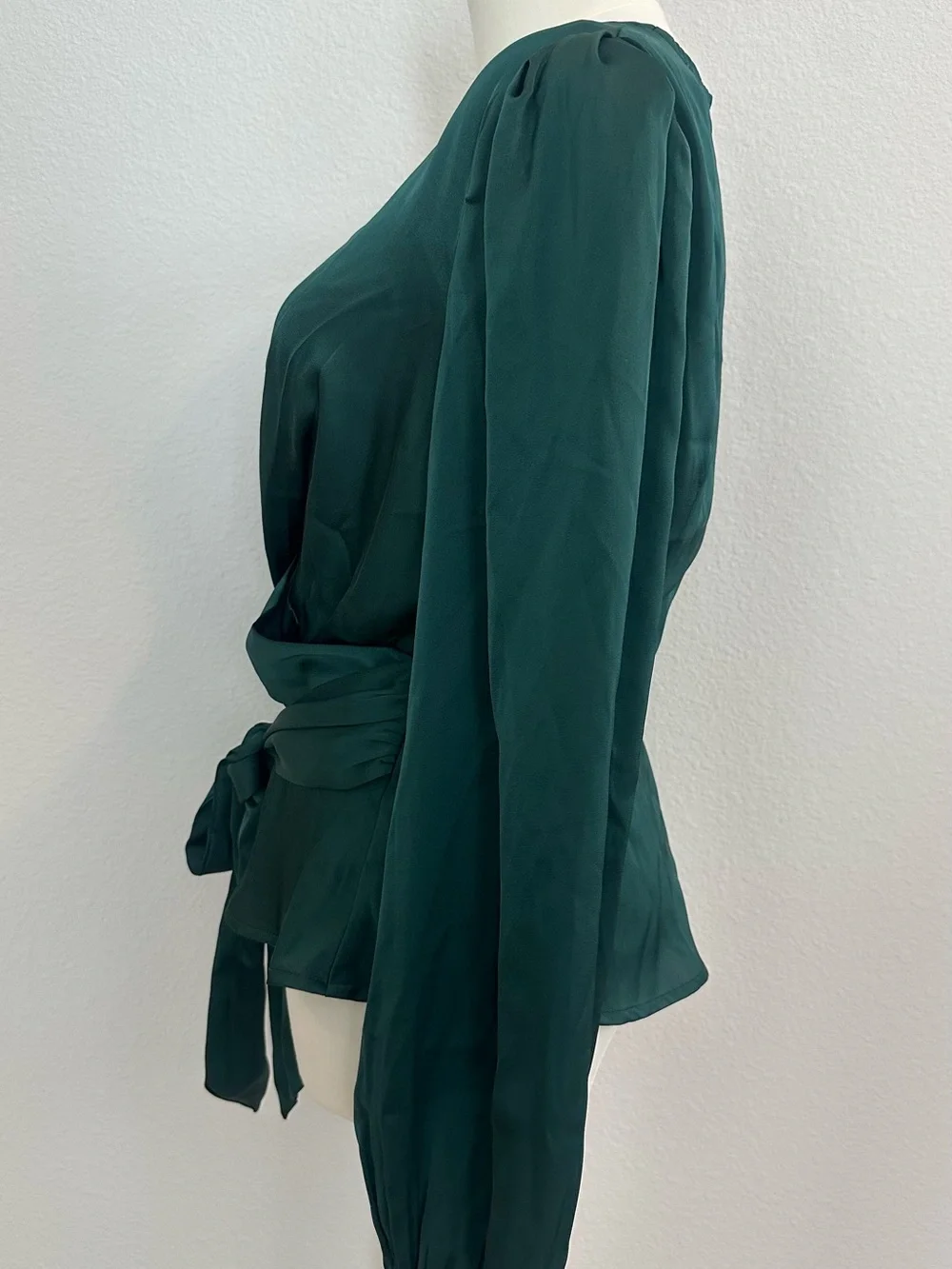 NWT ASTR The Label Forest Green Faux Wrap Satin Blouse Medium Puff Sleeve
